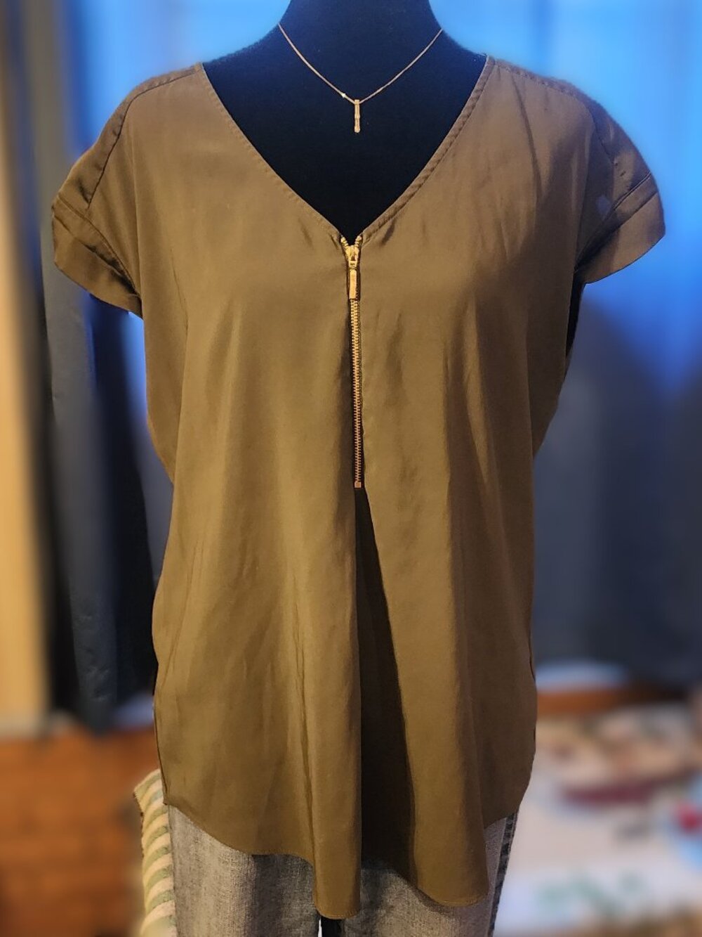 Express Olive-green zip-front blouse size L